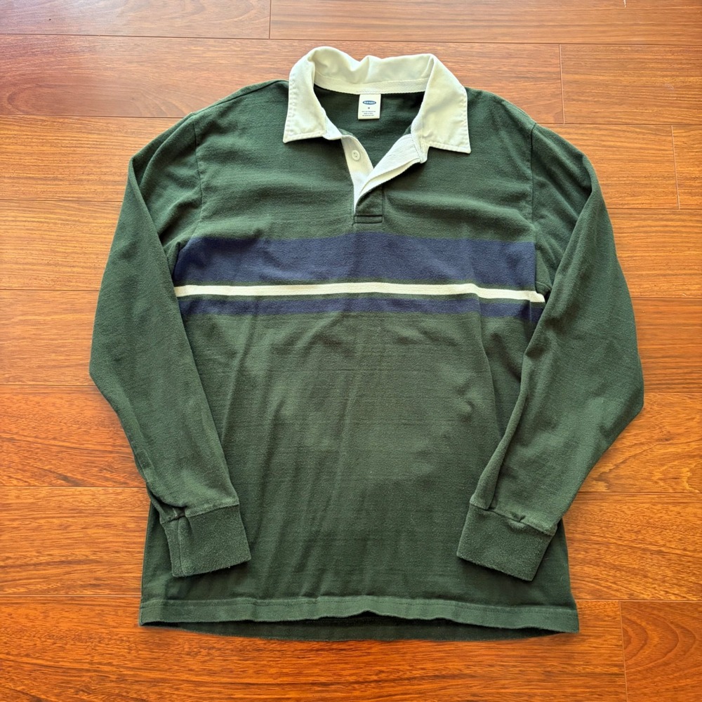 Vintage Old Navy Rugby Shirt Green Striped Long Sleeve Polo Mens Medium M